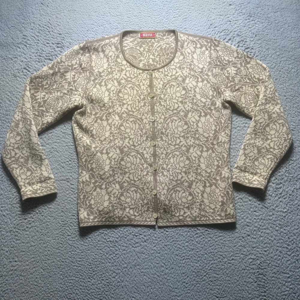 Oleana Norway Women's Wool Silk Cardigan Sweater Floral Jacquard Vintage